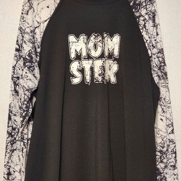 Lularoe Momster Raglan Randy Black w White Long Sleeves Splatter Pattern - Picture 3 of 7